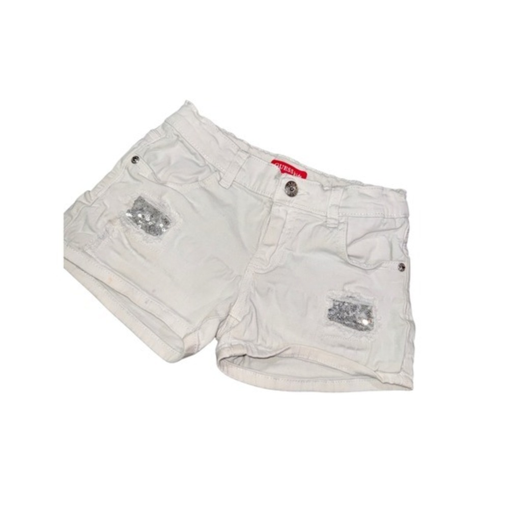 Guess Kids Girls White Denim Shorts Blingy Sequin Distressed Rhinestone Logo Sz8